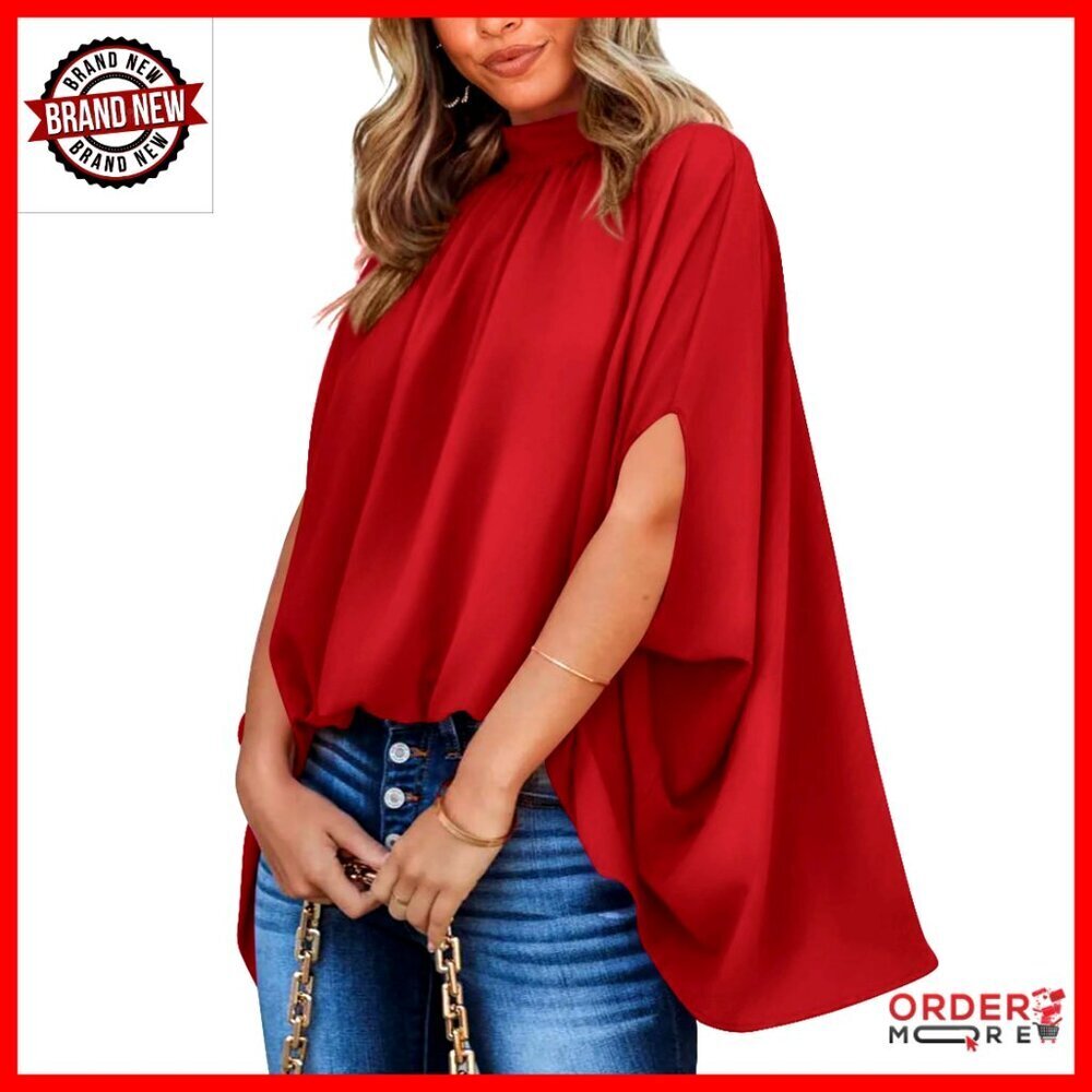 Silk Satin Mock Neck Batwing Sleeve Blouse Loose Fit High Low Hem
